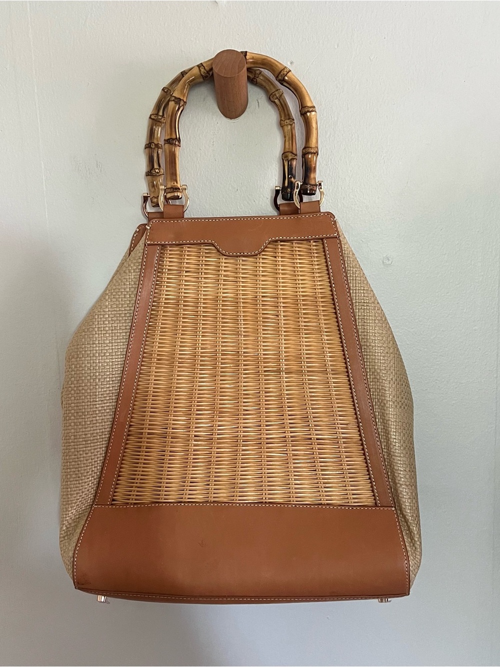 J. McLaughlin “Meeka” Bamboo, Wicker & Leather Tote Handbag Nantucket Style Bag - Picture 2 of 10